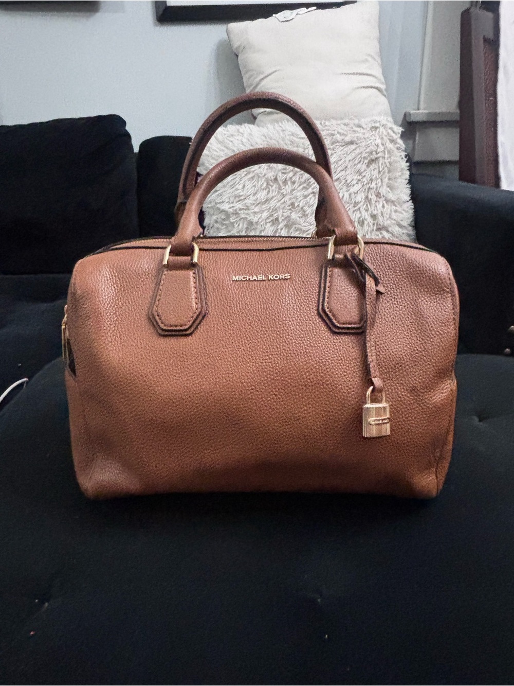 Michael Kors Cognac Pebbled Leather Satchel with Gold Hardware